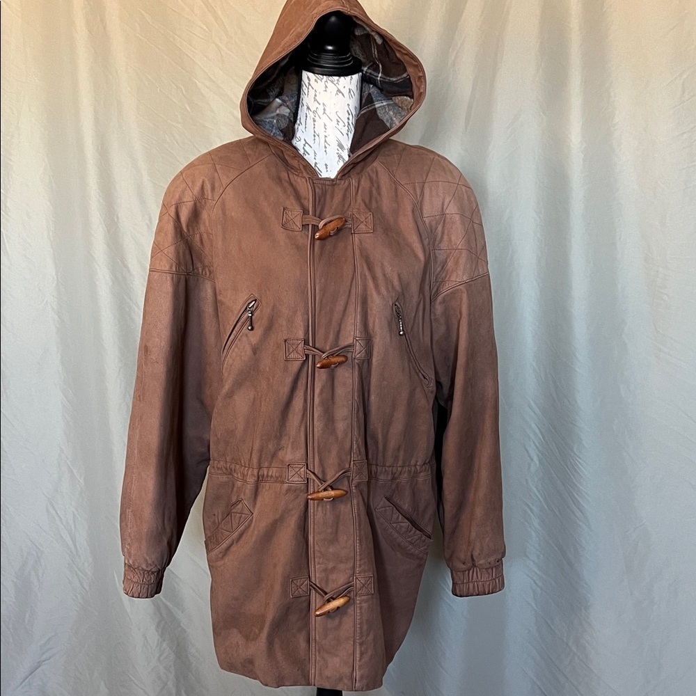 Soft leather chore jacket with hood size large vintage brown